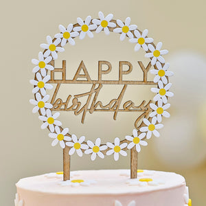 Wooden Daisy Happy Birthday Cake Topper