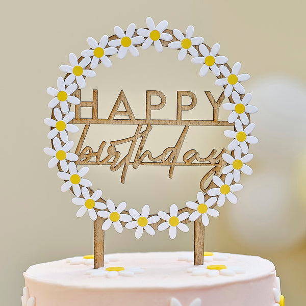 Wooden Daisy Happy Birthday Cake Topper