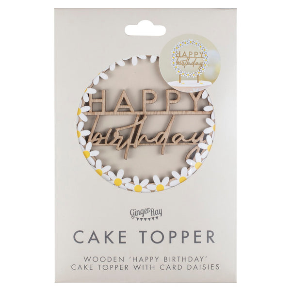 Wooden Daisy Happy Birthday Cake Topper