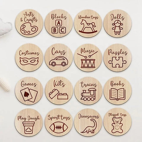 15 x Wooden Toy Organiser Disks Neutral Baby Co